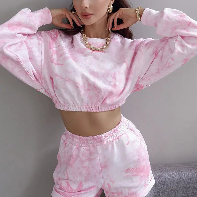 Tie-Dye Print Crop Top and Shorts Set for Fall
