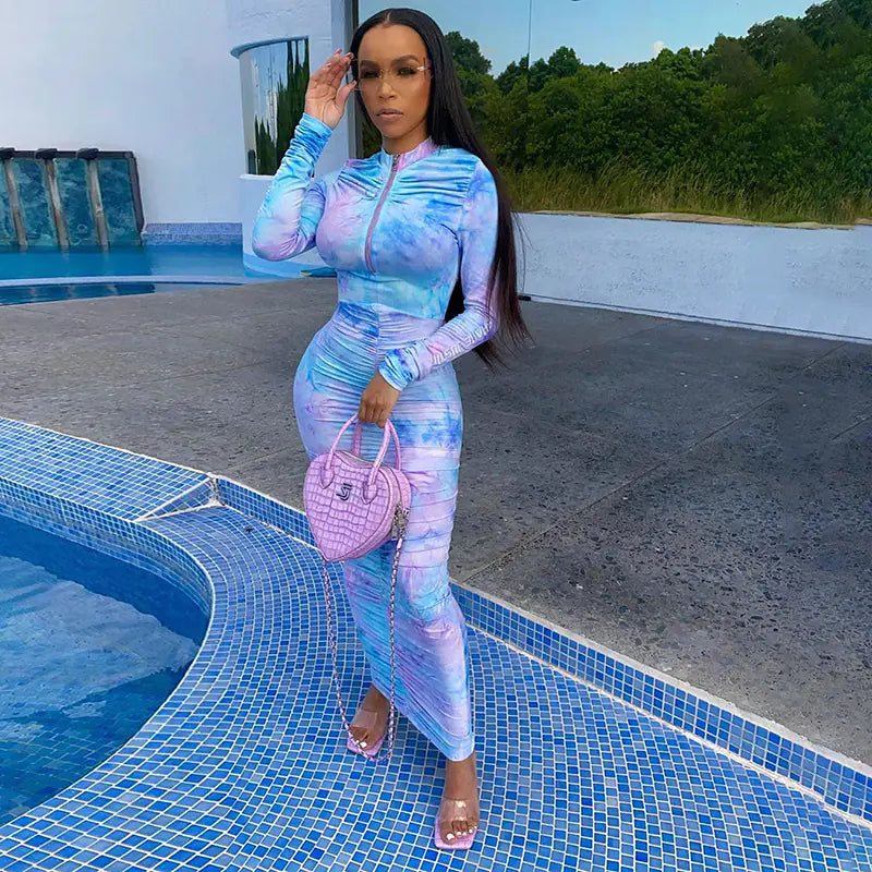 Autumn Print Long Sleeve Bodycon Dress for Women