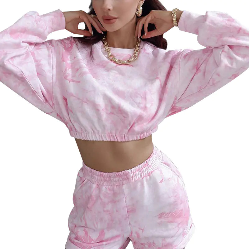 Tie-Dye Print Crop Top and Shorts Set for Fall