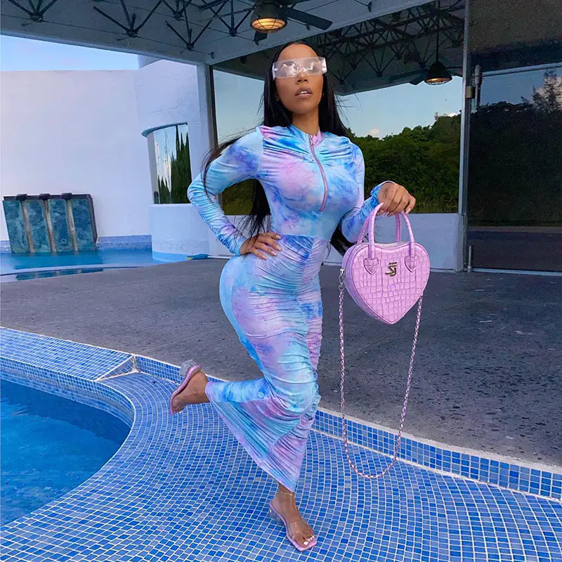 Autumn Print Long Sleeve Bodycon Dress for Women