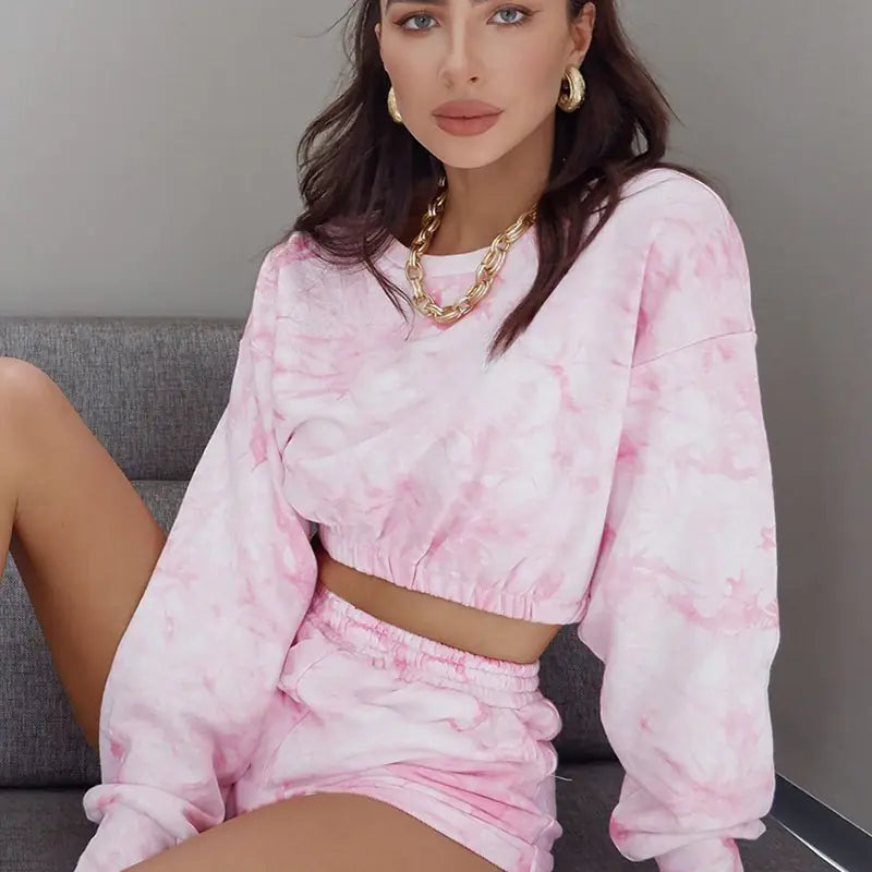 Tie-Dye Print Crop Top and Shorts Set for Fall