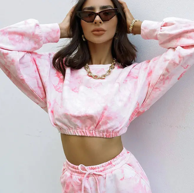 Tie-Dye Print Crop Top and Shorts Set for Fall