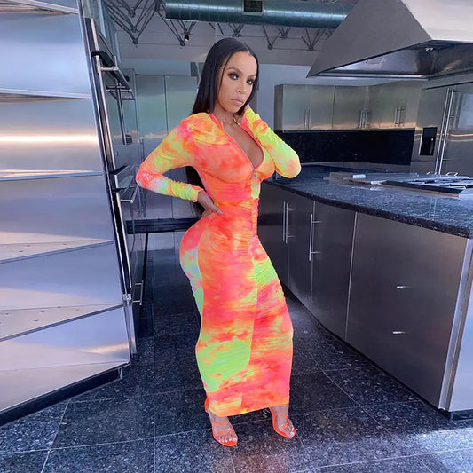 Autumn Print Long Sleeve Bodycon Dress for Women