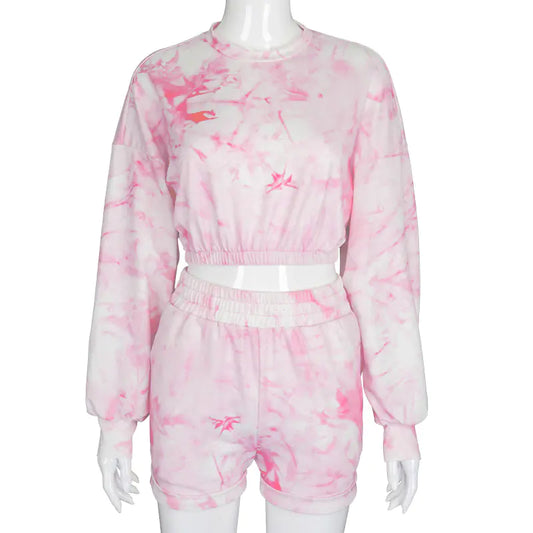 Tie-Dye Print Crop Top and Shorts Set for Fall